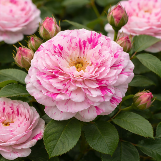Rosier grimpant ‘Variegata di Bologna’ – Rose blanche striée rose à Bouc-Bel-Air, Marseille, Aix-en-Provence, Plan de Campagne