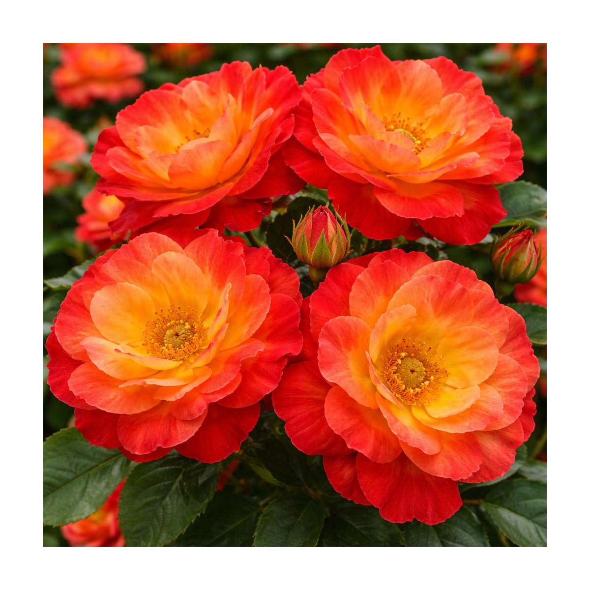 Rosier buisson ‘Miss Tango’ – Rose rouge orangé à cœur jaune à Bouc-Bel-Air, Marseille, Aix-en-Provence | Pépinière Faure